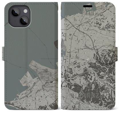 【木更津（千葉県）】地図柄iPhoneケース（手帳タイプ）モノトーン・iPhone 14 Plus 用