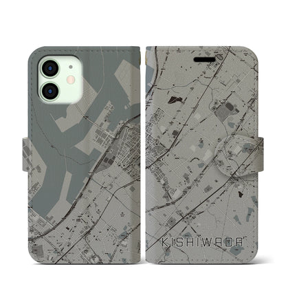 【岸和田（大阪府）】地図柄iPhoneケース（手帳タイプ）モノトーン・iPhone 12 mini 用