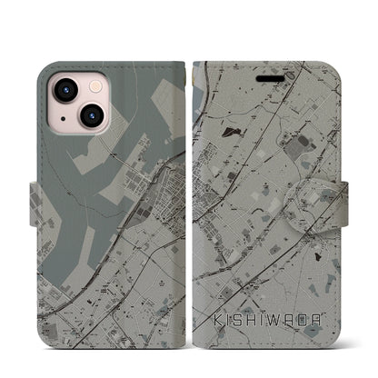 【岸和田（大阪府）】地図柄iPhoneケース（手帳タイプ）モノトーン・iPhone 13 mini 用