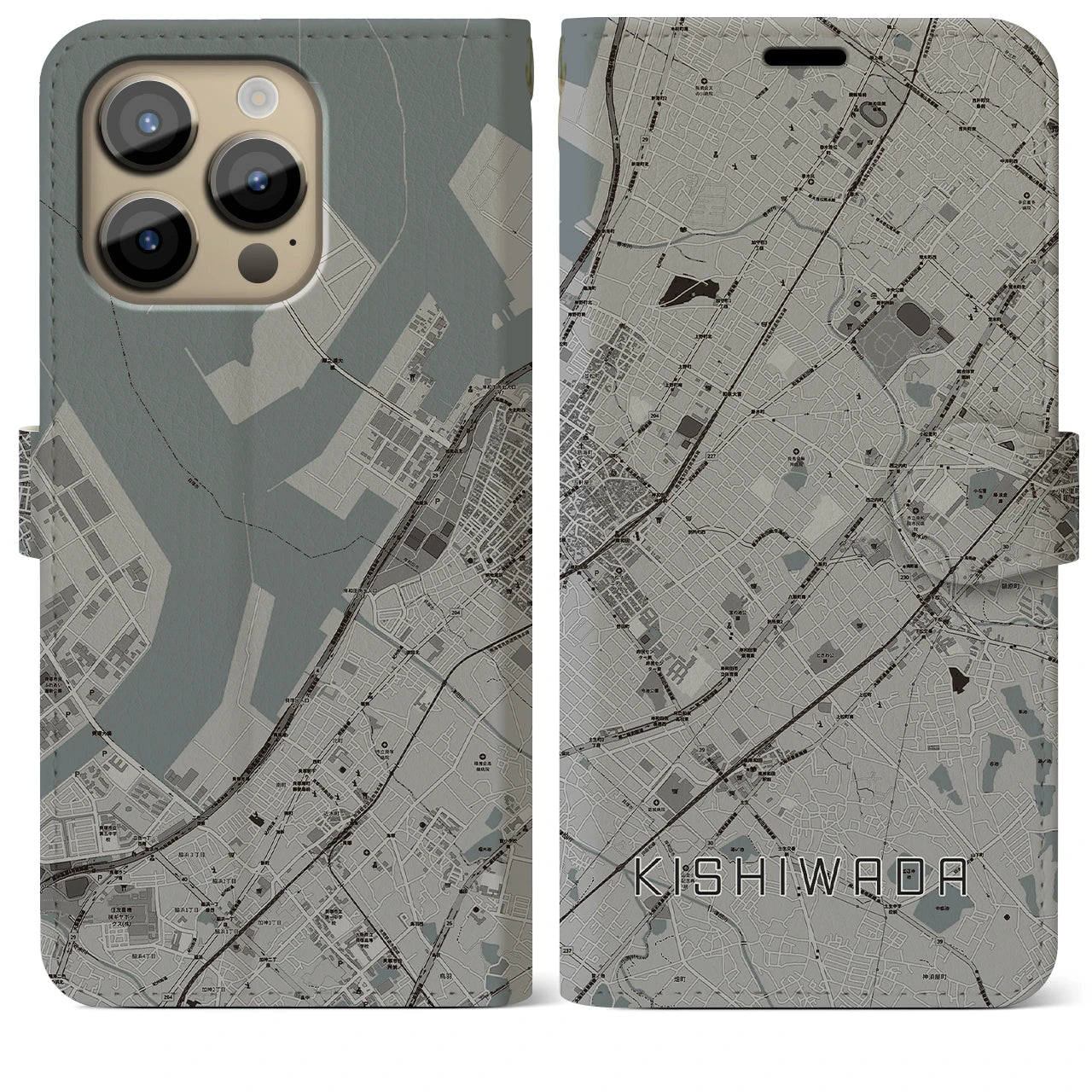 【岸和田】地図柄iPhoneケース（手帳両面タイプ・モノトーン）iPhone 14 Pro Max 用