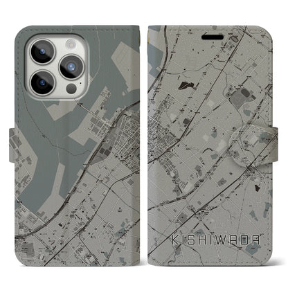 【岸和田（大阪府）】地図柄iPhoneケース（手帳タイプ）モノトーン・iPhone 15 Pro 用