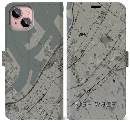 【岸和田（大阪府）】地図柄iPhoneケース（手帳タイプ）モノトーン・iPhone 15 Plus 用