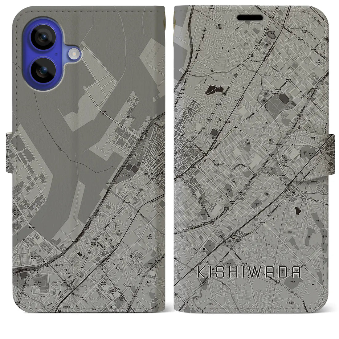 【岸和田(大阪府)】地図柄iPhoneケース(手帳タイプ)モノトーン・iPhone 16 Pro Max 用