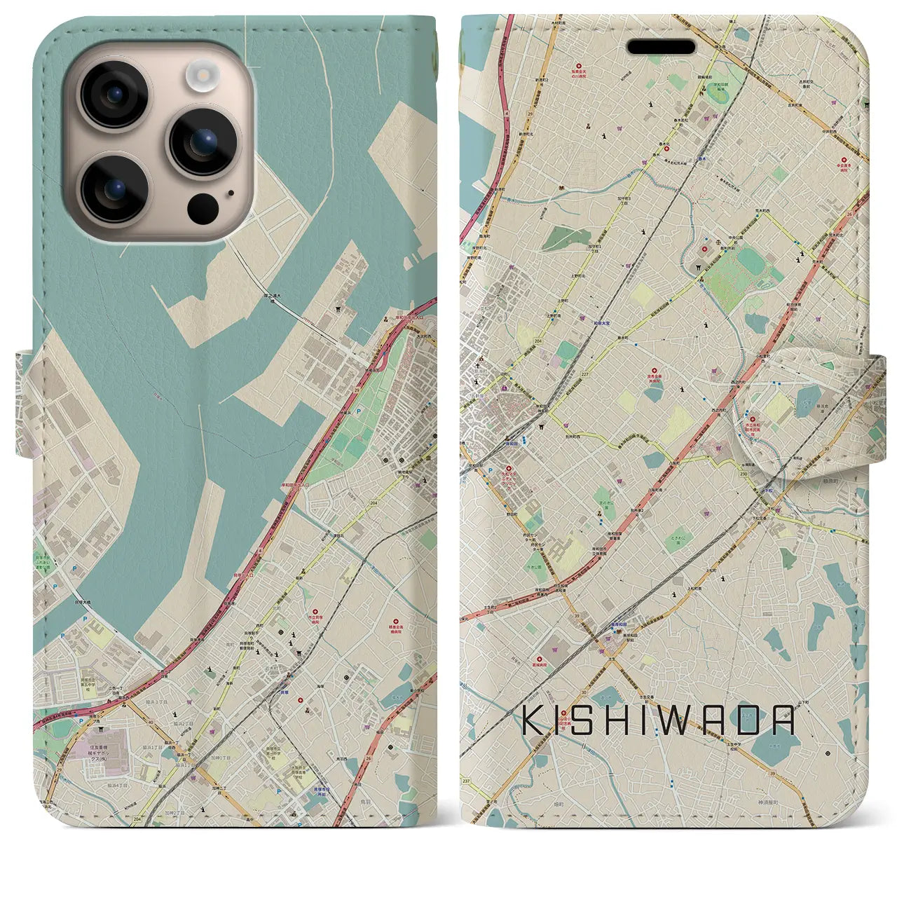 【岸和田（大阪府）】地図柄iPhoneケース（手帳タイプ）ナチュラル・iPhone 16 Plus 用