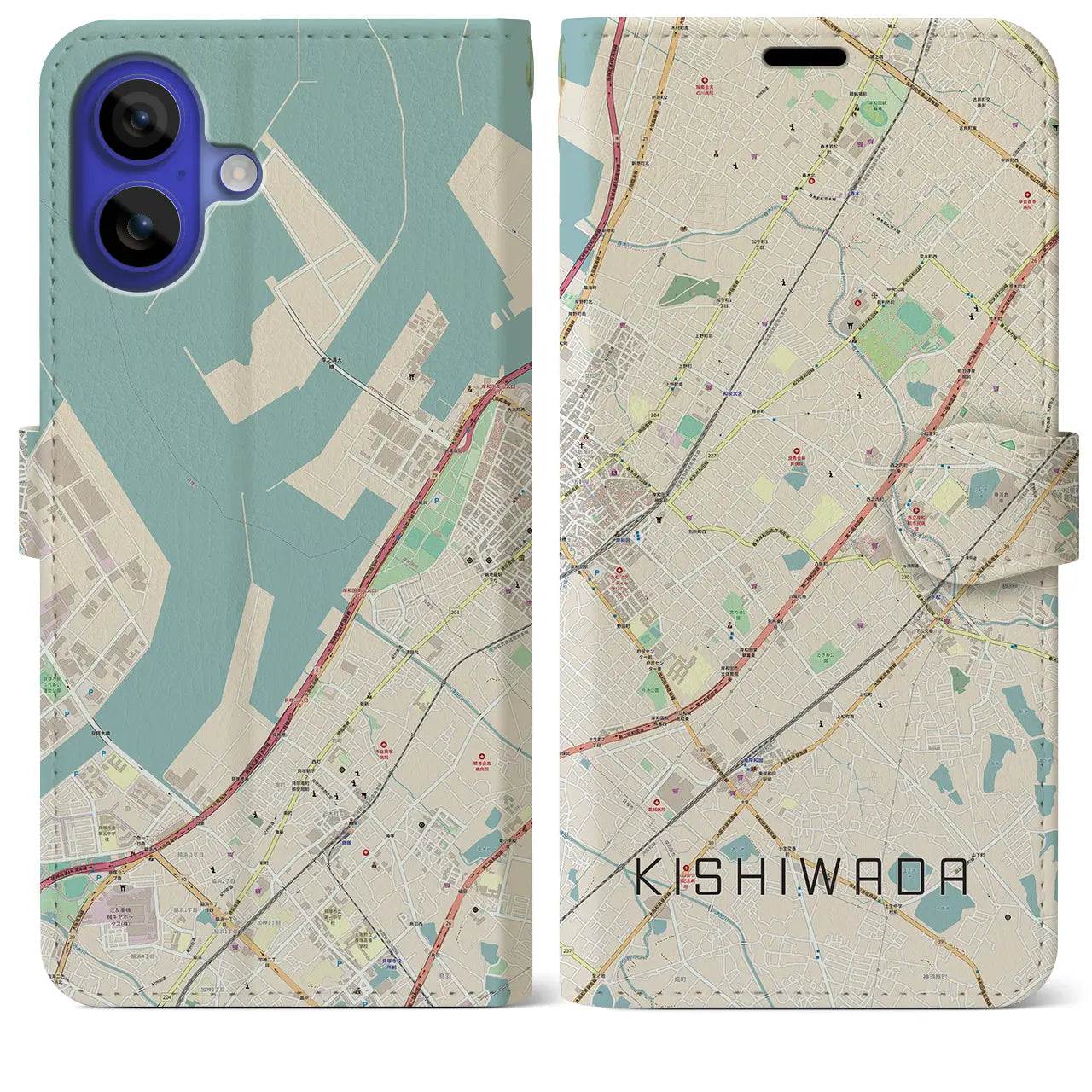 【岸和田（大阪府）】地図柄iPhoneケース（手帳タイプ）ナチュラル・iPhone 16 Pro Max 用