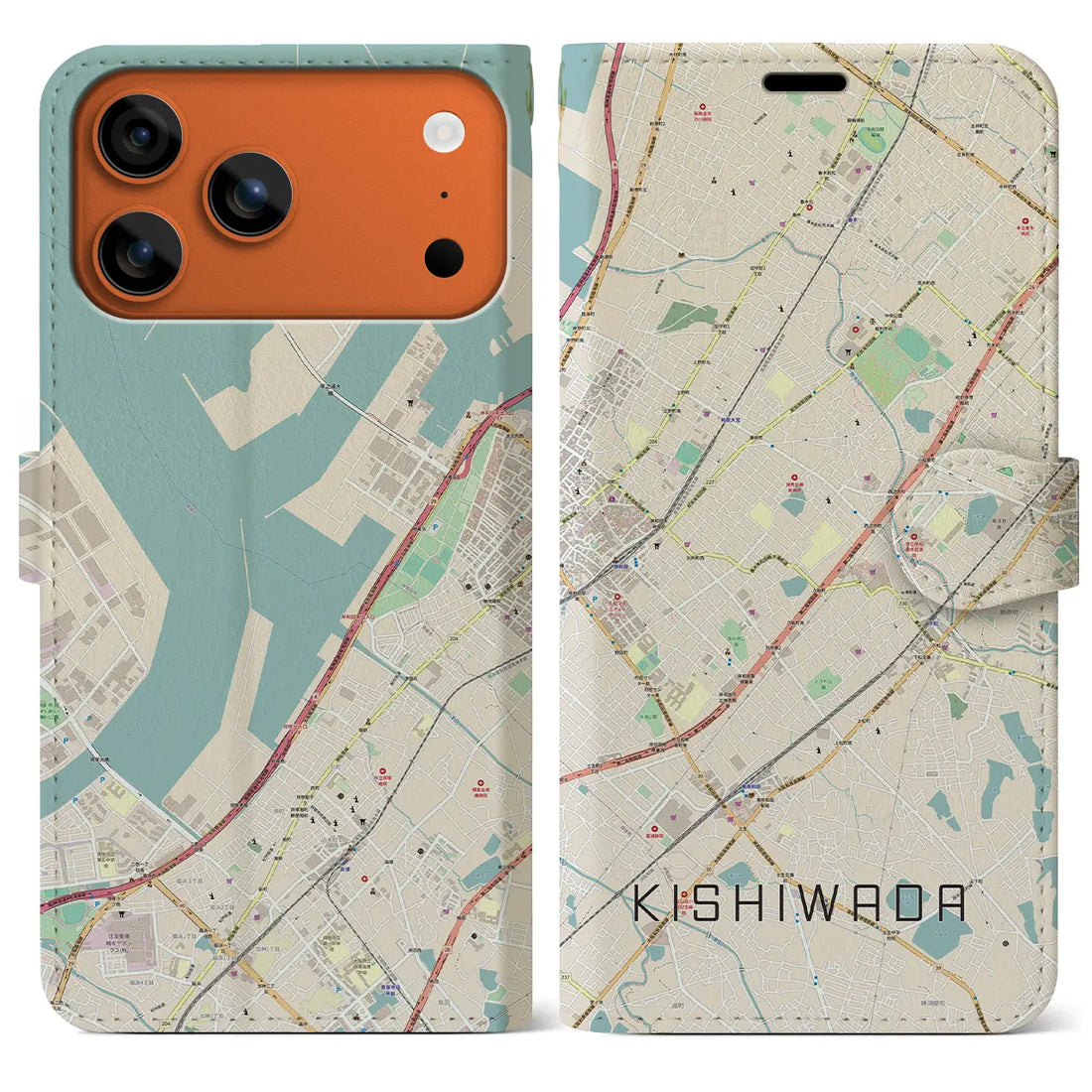 【岸和田（大阪府）】地図柄iPhoneケース（手帳タイプ）ナチュラル・iPhone 17 Pro Max 用
