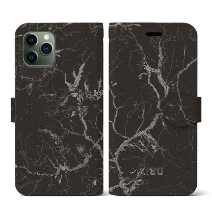 【木曽（長野県）】地図柄iPhoneケース（手帳タイプ）モノトーン・iPhone 11 Pro 用