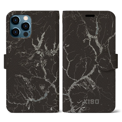 【木曽（長野県）】地図柄iPhoneケース（手帳タイプ）モノトーン・iPhone 12 / 12 Pro 用