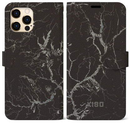 【木曽（長野県）】地図柄iPhoneケース（手帳タイプ）モノトーン・iPhone 12 Pro Max 用