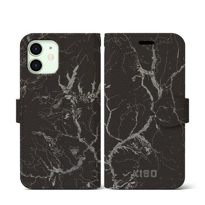 【木曽（長野県）】地図柄iPhoneケース（手帳タイプ）モノトーン・iPhone 12 mini 用