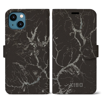 【木曽（長野県）】地図柄iPhoneケース（手帳タイプ）モノトーン・iPhone 13 用