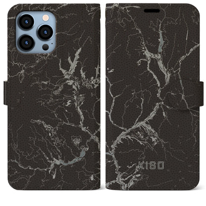 【木曽（長野県）】地図柄iPhoneケース（手帳タイプ）モノトーン・iPhone 13 Pro Max 用