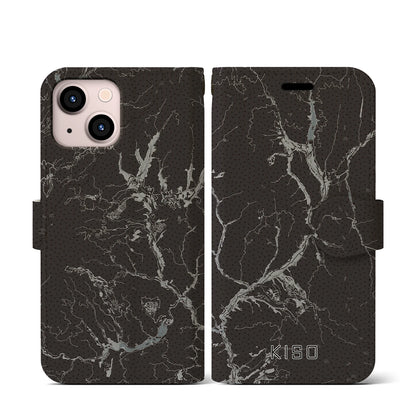 【木曽（長野県）】地図柄iPhoneケース（手帳タイプ）モノトーン・iPhone 13 mini 用