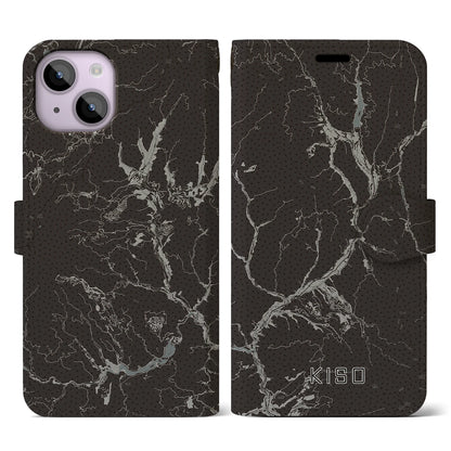 【木曽（長野県）】地図柄iPhoneケース（手帳タイプ）モノトーン・iPhone 14 用