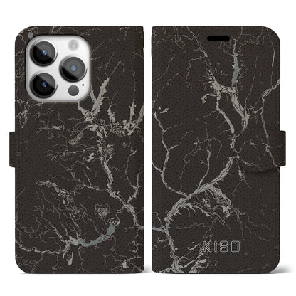 【木曽（長野県）】地図柄iPhoneケース（手帳タイプ）モノトーン・iPhone 14 Pro 用