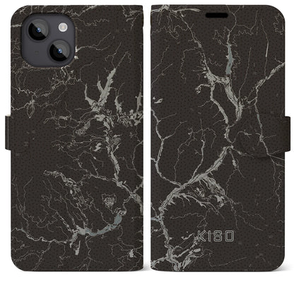 【木曽（長野県）】地図柄iPhoneケース（手帳タイプ）モノトーン・iPhone 14 Plus 用