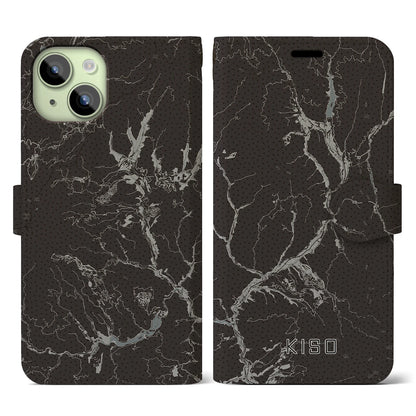 【木曽（長野県）】地図柄iPhoneケース（手帳タイプ）モノトーン・iPhone 15 用