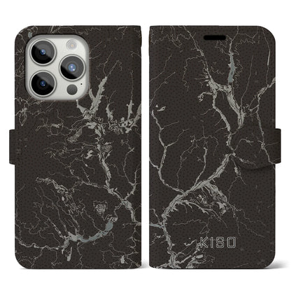 【木曽（長野県）】地図柄iPhoneケース（手帳タイプ）モノトーン・iPhone 15 Pro 用