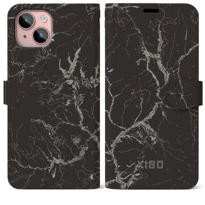 【木曽（長野県）】地図柄iPhoneケース（手帳タイプ）モノトーン・iPhone 15 Plus 用