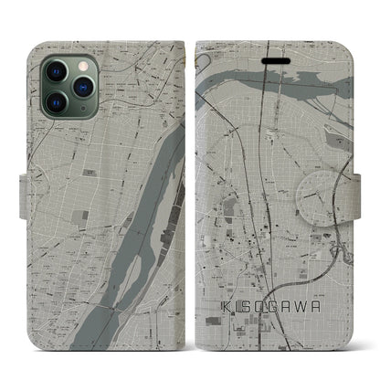 【木曽川（愛知県）】地図柄iPhoneケース（手帳タイプ）モノトーン・iPhone 11 Pro 用