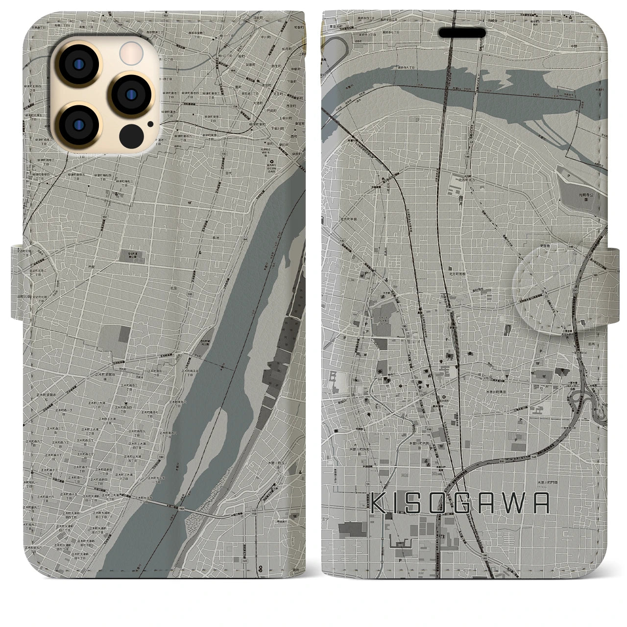 【木曽川】地図柄iPhoneケース（手帳両面タイプ・モノトーン）iPhone 12 Pro Max 用