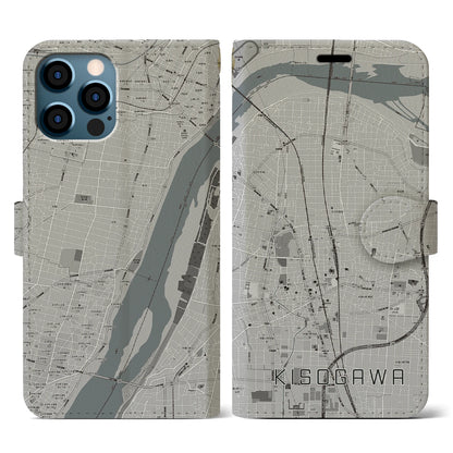 【木曽川（愛知県）】地図柄iPhoneケース（手帳タイプ）モノトーン・iPhone 12 / 12 Pro 用