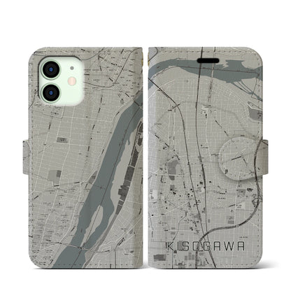 【木曽川（愛知県）】地図柄iPhoneケース（手帳タイプ）モノトーン・iPhone 12 mini 用