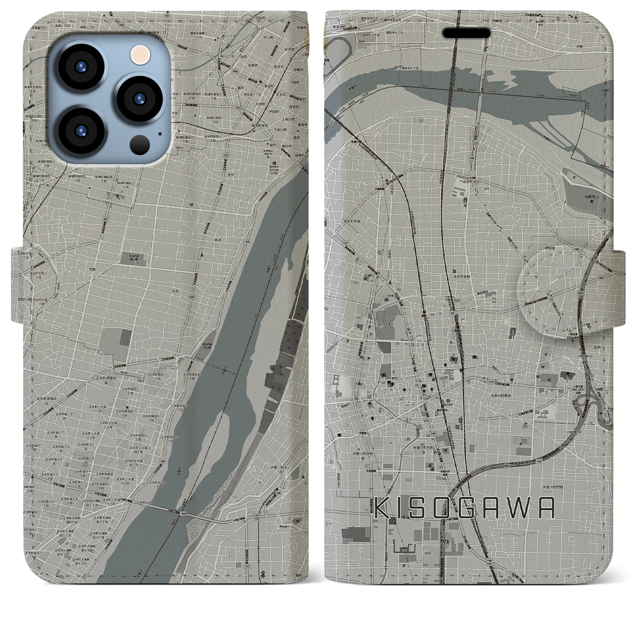 【木曽川】地図柄iPhoneケース（手帳両面タイプ・モノトーン）iPhone 13 Pro Max 用