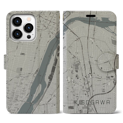 【木曽川（愛知県）】地図柄iPhoneケース（手帳タイプ）モノトーン・iPhone 13 Pro 用