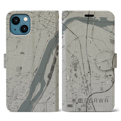 【木曽川（愛知県）】地図柄iPhoneケース（手帳タイプ）モノトーン・iPhone 13 用