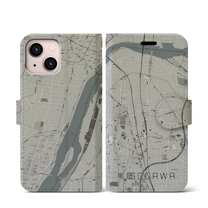 【木曽川（愛知県）】地図柄iPhoneケース（手帳タイプ）モノトーン・iPhone 13 mini 用