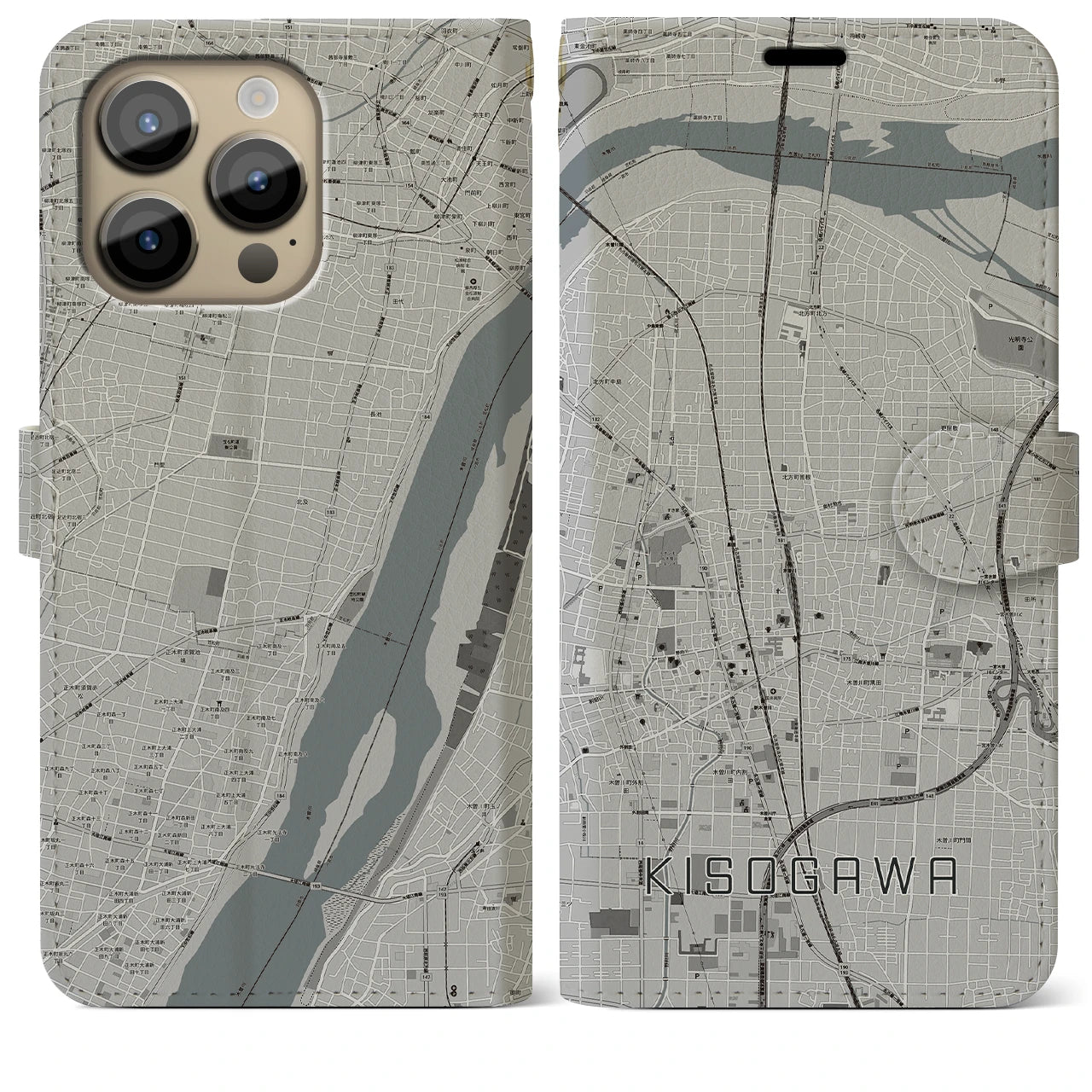 【木曽川】地図柄iPhoneケース（手帳両面タイプ・モノトーン）iPhone 14 Pro Max 用