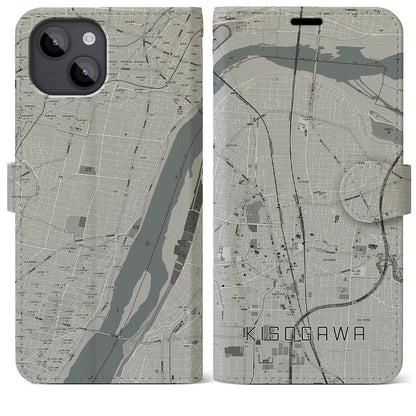 【木曽川（愛知県）】地図柄iPhoneケース（手帳タイプ）モノトーン・iPhone 14 Plus 用