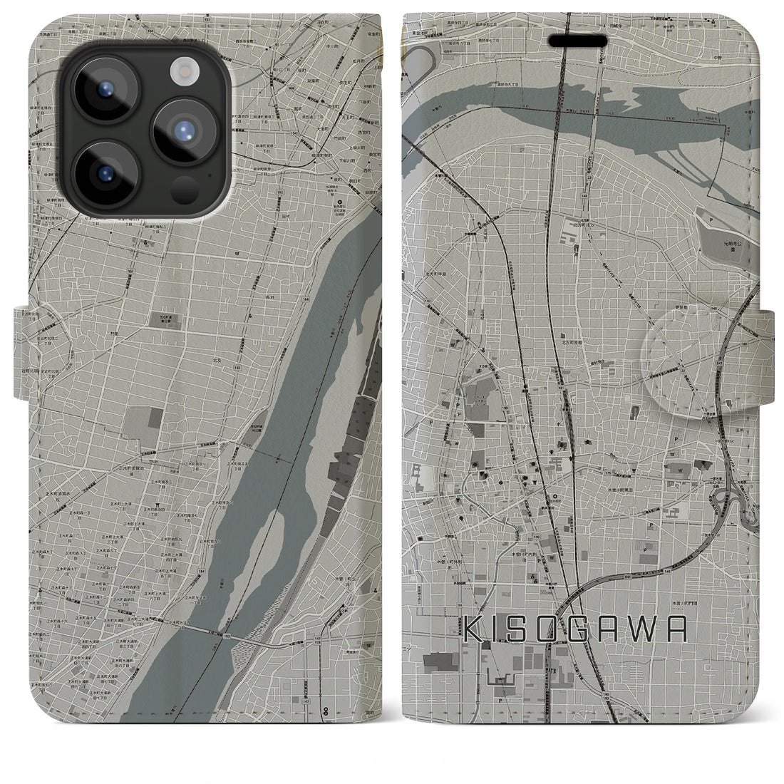 【木曽川】地図柄iPhoneケース（手帳両面タイプ・モノトーン）iPhone 15 Pro Max 用