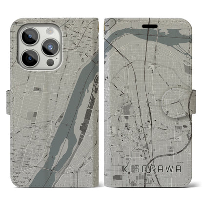 【木曽川（愛知県）】地図柄iPhoneケース（手帳タイプ）モノトーン・iPhone 15 Pro 用