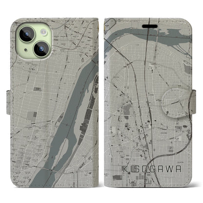 【木曽川（愛知県）】地図柄iPhoneケース（手帳タイプ）モノトーン・iPhone 15 用