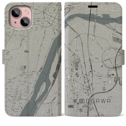 【木曽川（愛知県）】地図柄iPhoneケース（手帳タイプ）モノトーン・iPhone 15 Plus 用