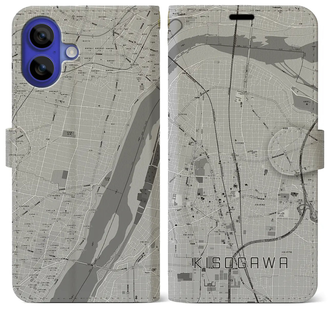 【木曽川(愛知県)】地図柄iPhoneケース(手帳タイプ)モノトーン・iPhone 16 Pro Max 用