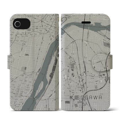 【木曽川（愛知県）】地図柄iPhoneケース（手帳タイプ）モノトーン・iPhone SE（第3 / 第2世代） / 8 / 7 / 6s / 6 用