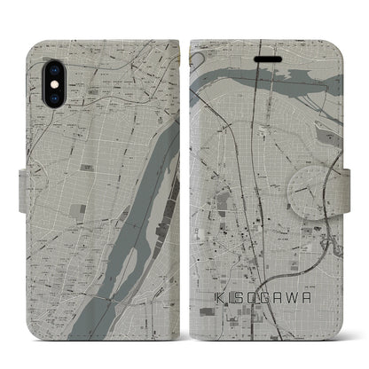 【木曽川（愛知県）】地図柄iPhoneケース（手帳タイプ）モノトーン・iPhone XS / X 用