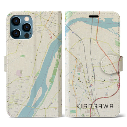 【木曽川（愛知県）】地図柄iPhoneケース（手帳タイプ）ナチュラル・iPhone 12 / 12 Pro 用
