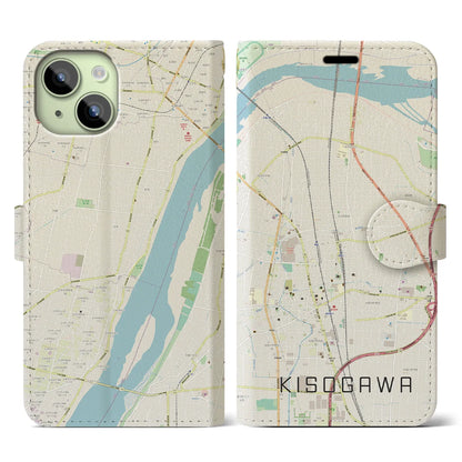 【木曽川（愛知県）】地図柄iPhoneケース（手帳タイプ）ナチュラル・iPhone 15 用