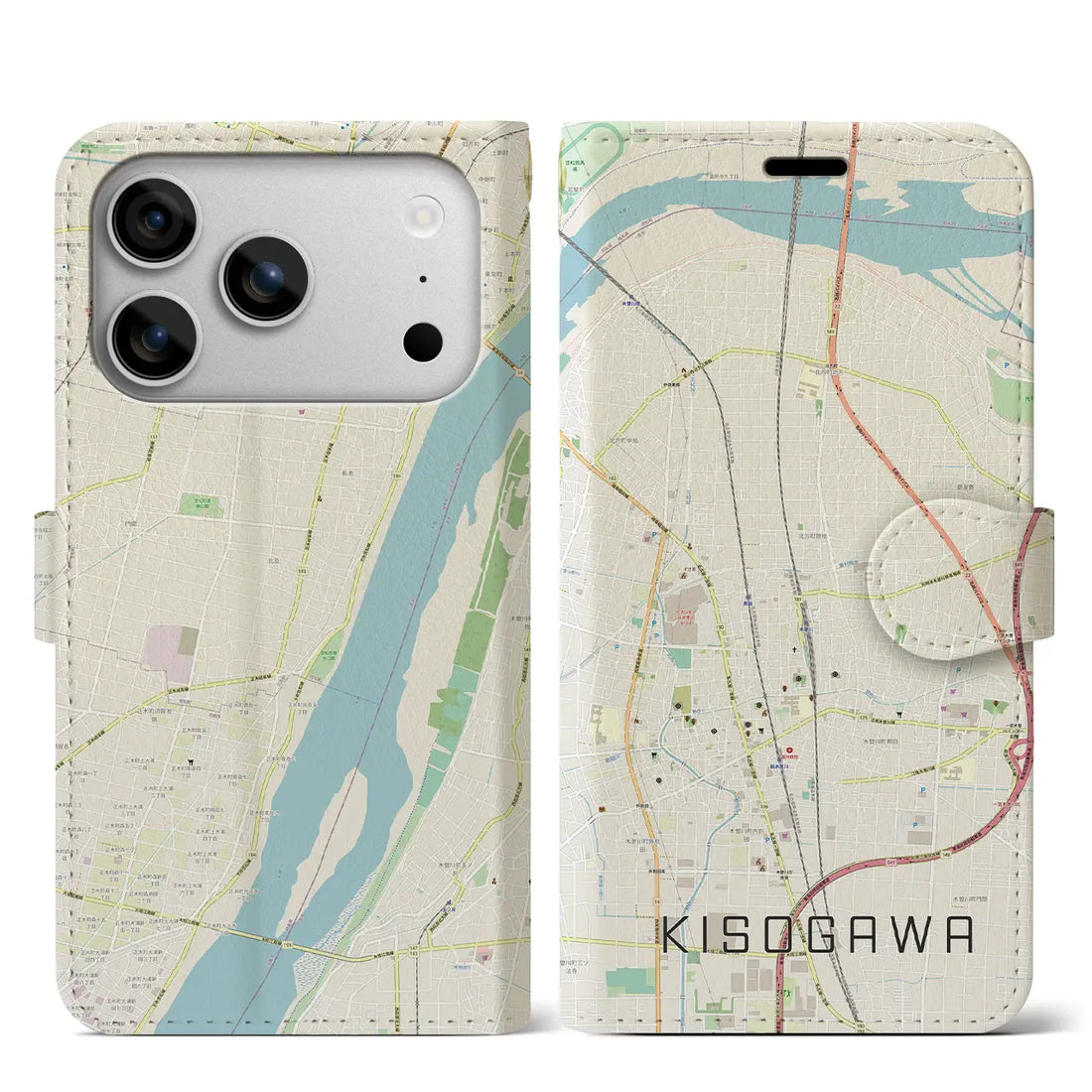【木曽川(愛知県)】地図柄iPhoneケース(手帳タイプ)ナチュラル・iPhone 17 Pro Max 用