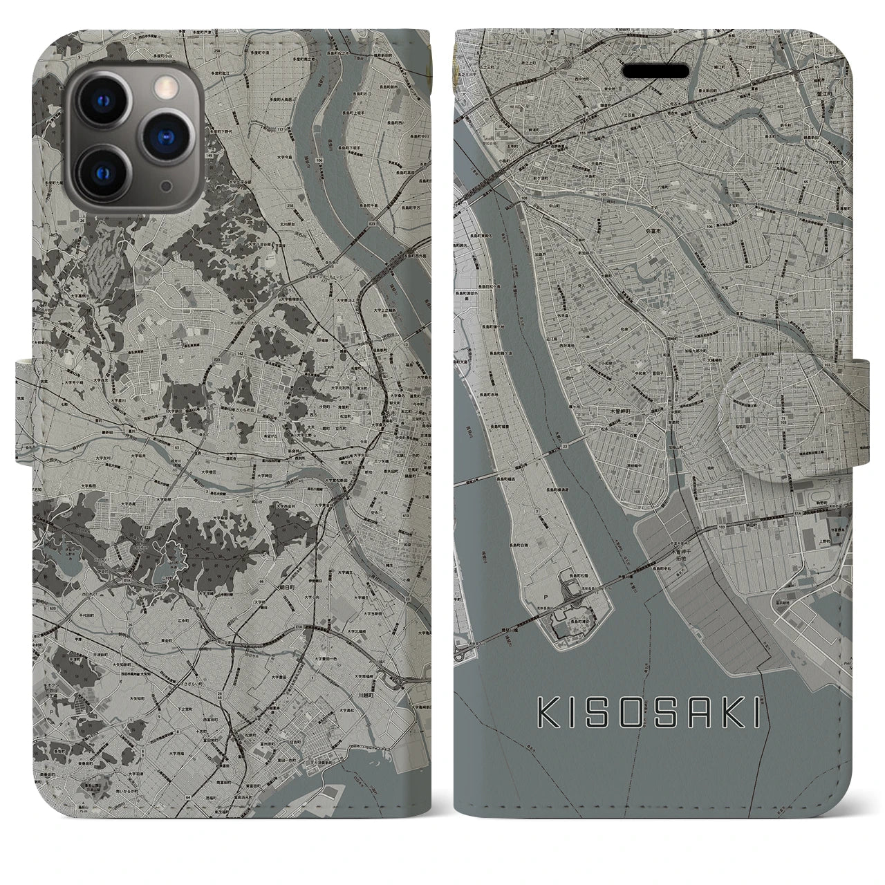 【木曽岬】地図柄iPhoneケース（手帳両面タイプ・モノトーン）iPhone 11 Pro Max 用