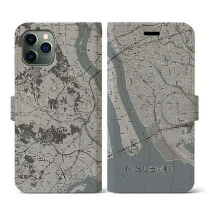 【木曽岬（三重県）】地図柄iPhoneケース（手帳タイプ）モノトーン・iPhone 11 Pro 用