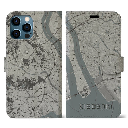 【木曽岬（三重県）】地図柄iPhoneケース（手帳タイプ）モノトーン・iPhone 12 / 12 Pro 用