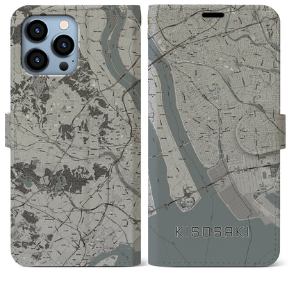 【木曽岬（三重県）】地図柄iPhoneケース（手帳タイプ）モノトーン・iPhone 13 Pro Max 用