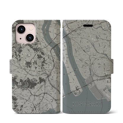 【木曽岬（三重県）】地図柄iPhoneケース（手帳タイプ）モノトーン・iPhone 13 mini 用