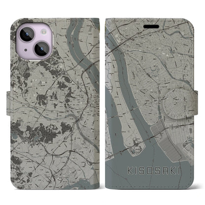 【木曽岬（三重県）】地図柄iPhoneケース（手帳タイプ）モノトーン・iPhone 14 用