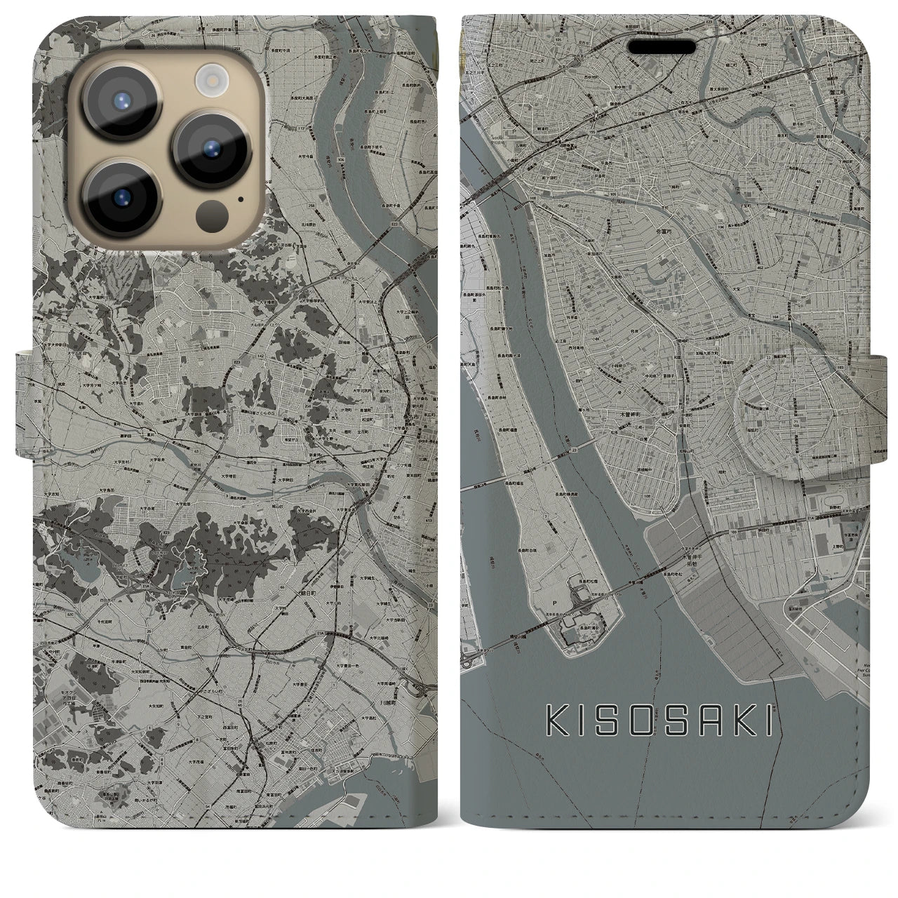 【木曽岬】地図柄iPhoneケース（手帳両面タイプ・モノトーン）iPhone 14 Pro Max 用